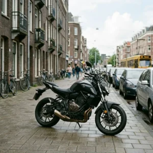 Motor geparkeerd in Nederlandse stadsstraat tussen auto’s