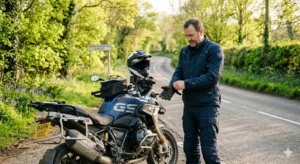 Motorrijder trekt handschoenen aan naast motor op rustige weg in de lente