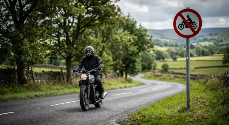 Motorrijder op landelijke weg met verkeersbord dat motoren verbiedt