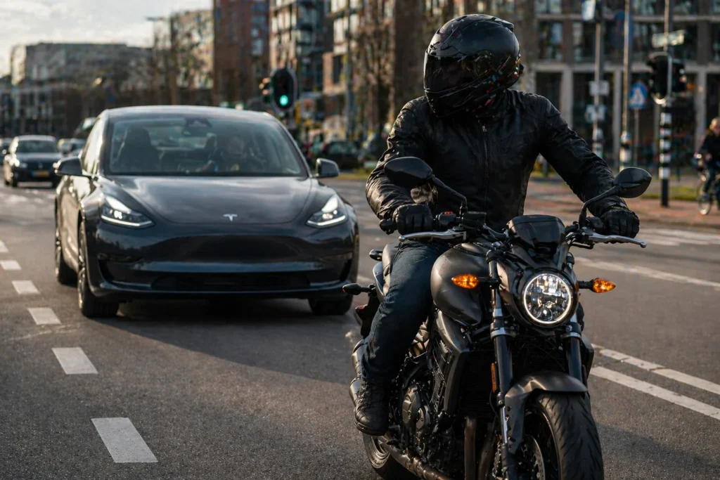 Motorrijder naast Tesla auto in verkeer met focus op veiligheid en herkenning