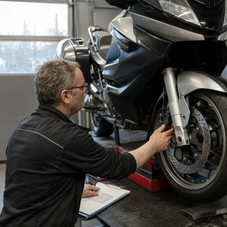 Monteur controleert motor tijdens technische inspectie in garage
