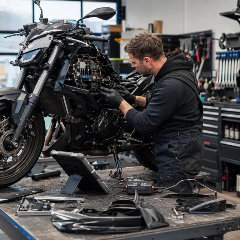 Monteur repareert een motor in een werkplaats met gereedschap en diagnoseapparatuur.