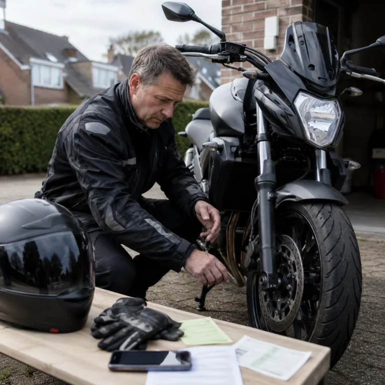 Motorrijder controleert op een Nederlandse oprit de technische staat van zijn motor, met helm, handschoenen en verzekeringspapieren naast zich.