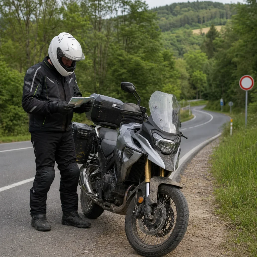 Motorrijder controleert route in de Ardennen vanwege tijdelijk motorverbod op de N865.