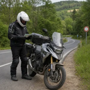Motorrijder controleert route in de Ardennen vanwege tijdelijk motorverbod op de N865.
