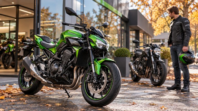 Man staat bij dealership met kawasaki z900